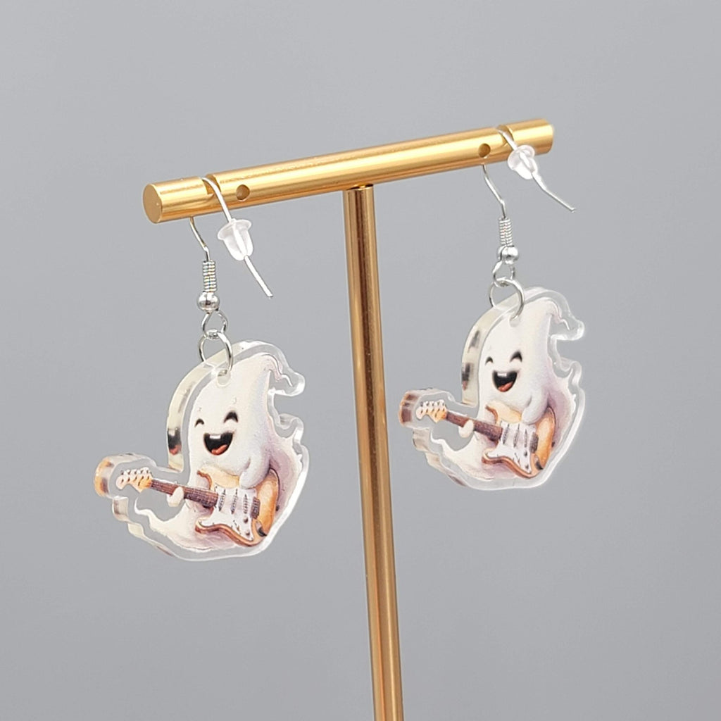 Halloween Ghost Electric Guitar Pierced Earrings Silver tone Dangle 1.5 in