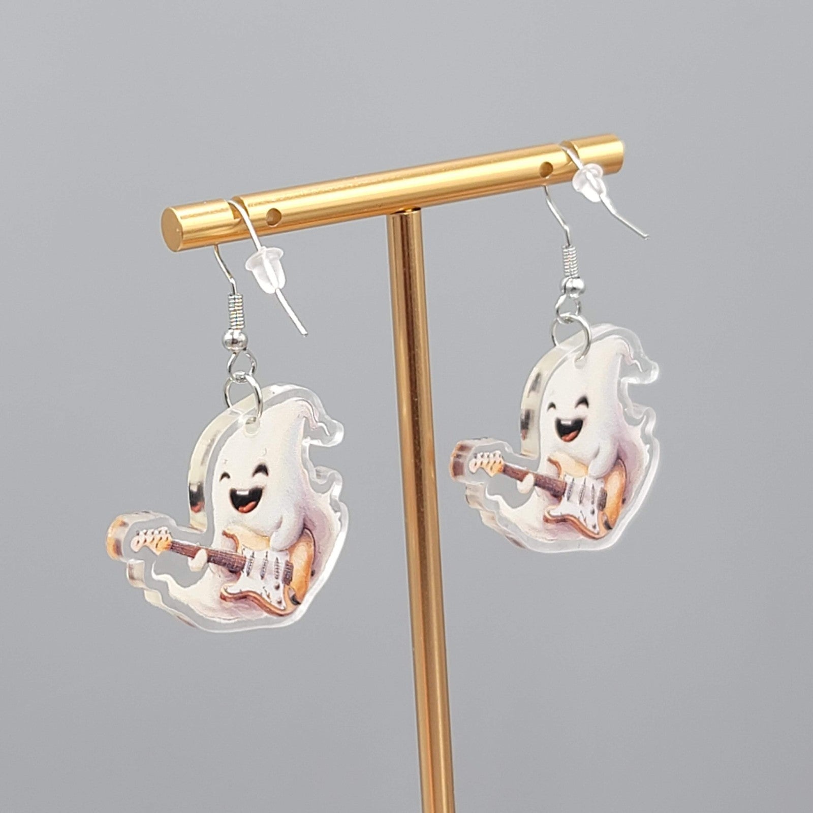 Halloween Ghost Electric Guitar Pierced Earrings Silver tone Dangle 1.5 in