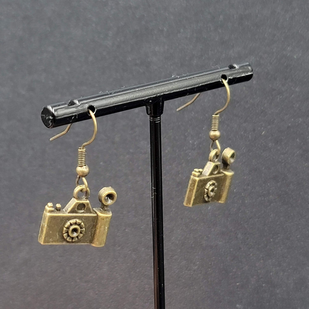 Camera Pierced Earrings Retro Bronze tone Dangle 1/2"