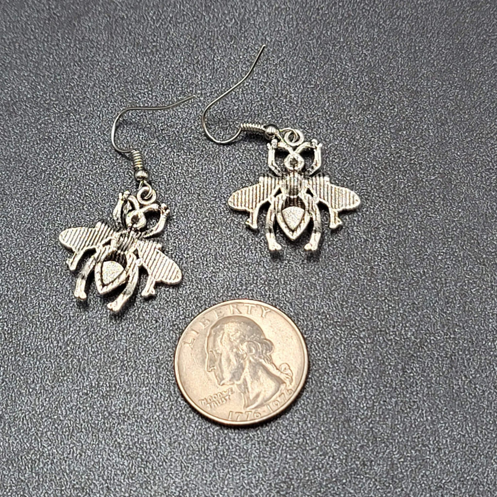 Bee Flying Insect Pierced Earrings Silver tone Dangle 1"