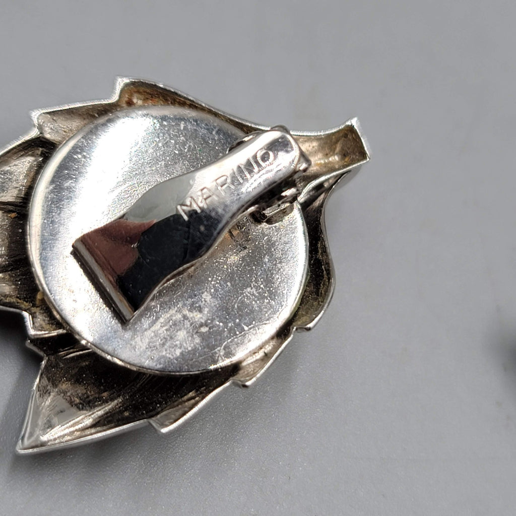 Vintage Marino Clip on Earrings Silver tone Leaf Climber 1 3/8"