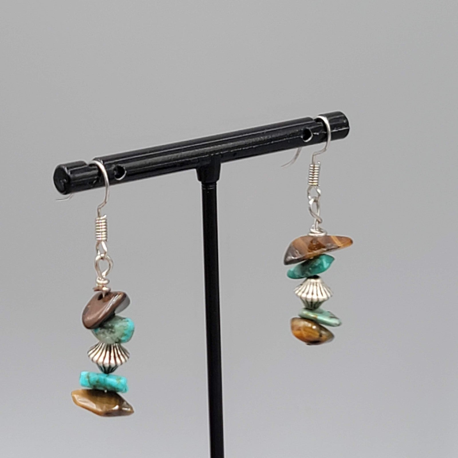 Turquoise and Tigers Eye Chip Beads Pierced Earrings Silver tone Dangle 1 1/8"