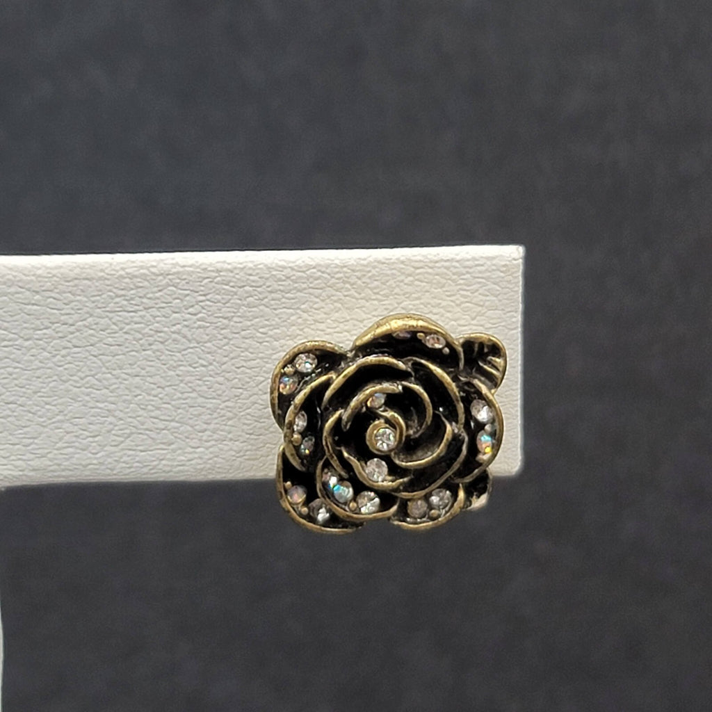 Pierced Earrings Antiqued Gold tone AB Crystal Flower Rose Studs 1/2"