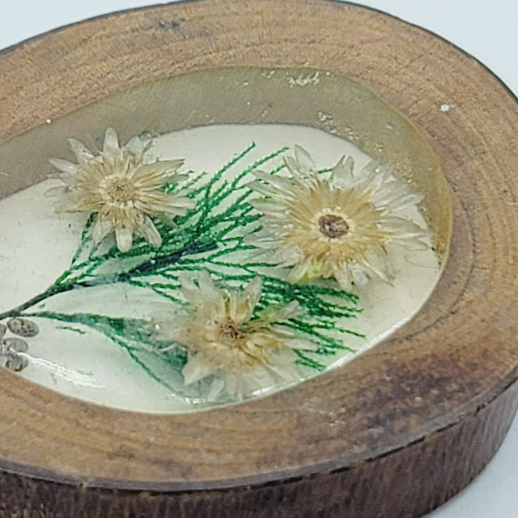 Vintage Oval Shaped Pendant Lucite Dried Flowers Wood Frame 