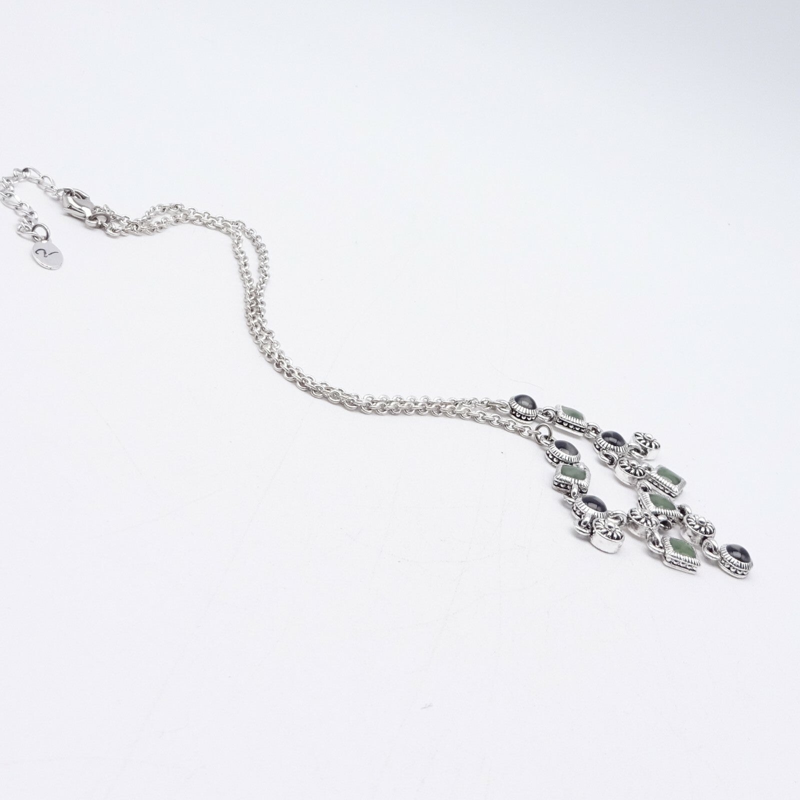 Signed Silver tone Chain Green Enamel Dangle Waterfall Accents 16" - 17.5"