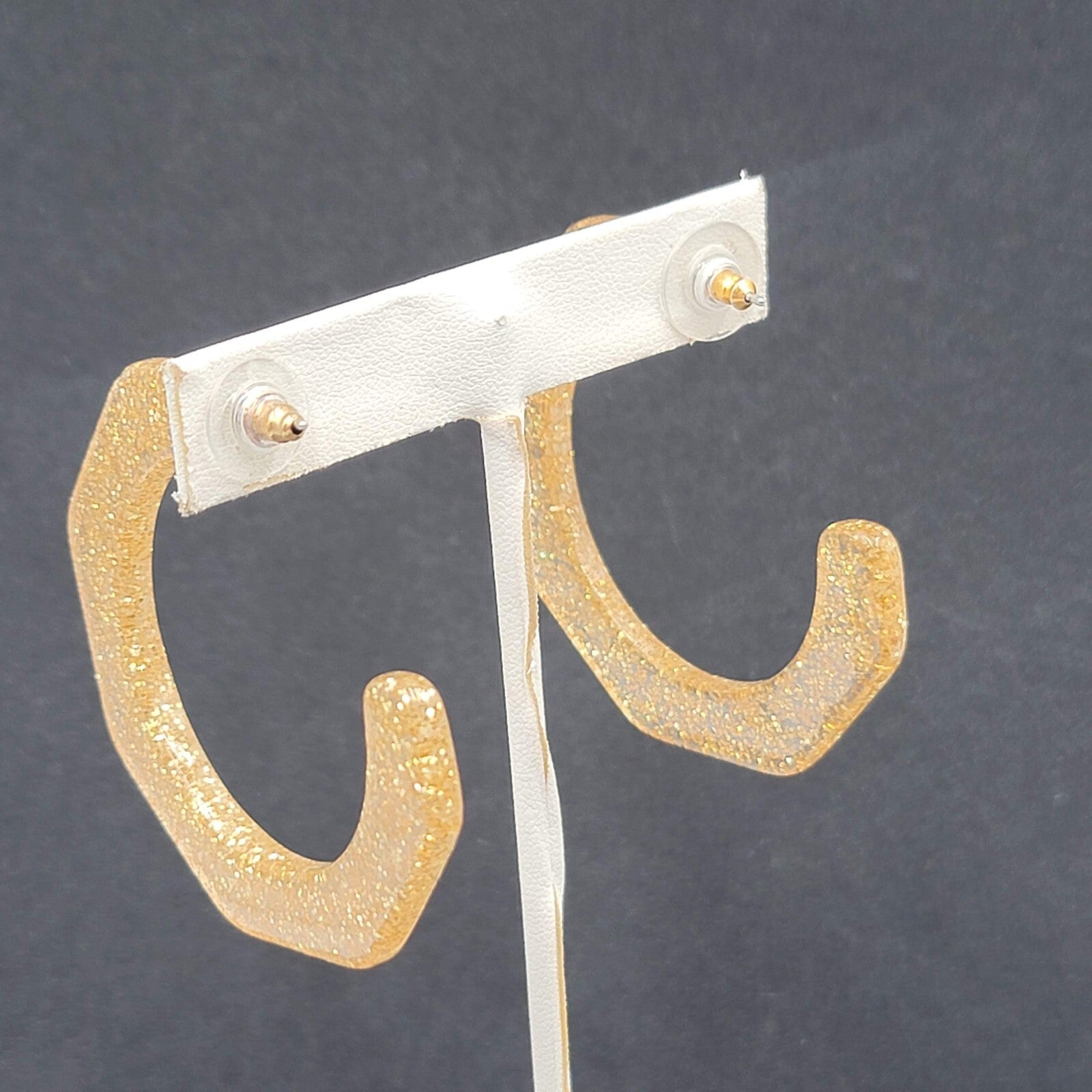 Pierced Earrings Gold Glitter Acrylic Large Hoops Dangle 2"