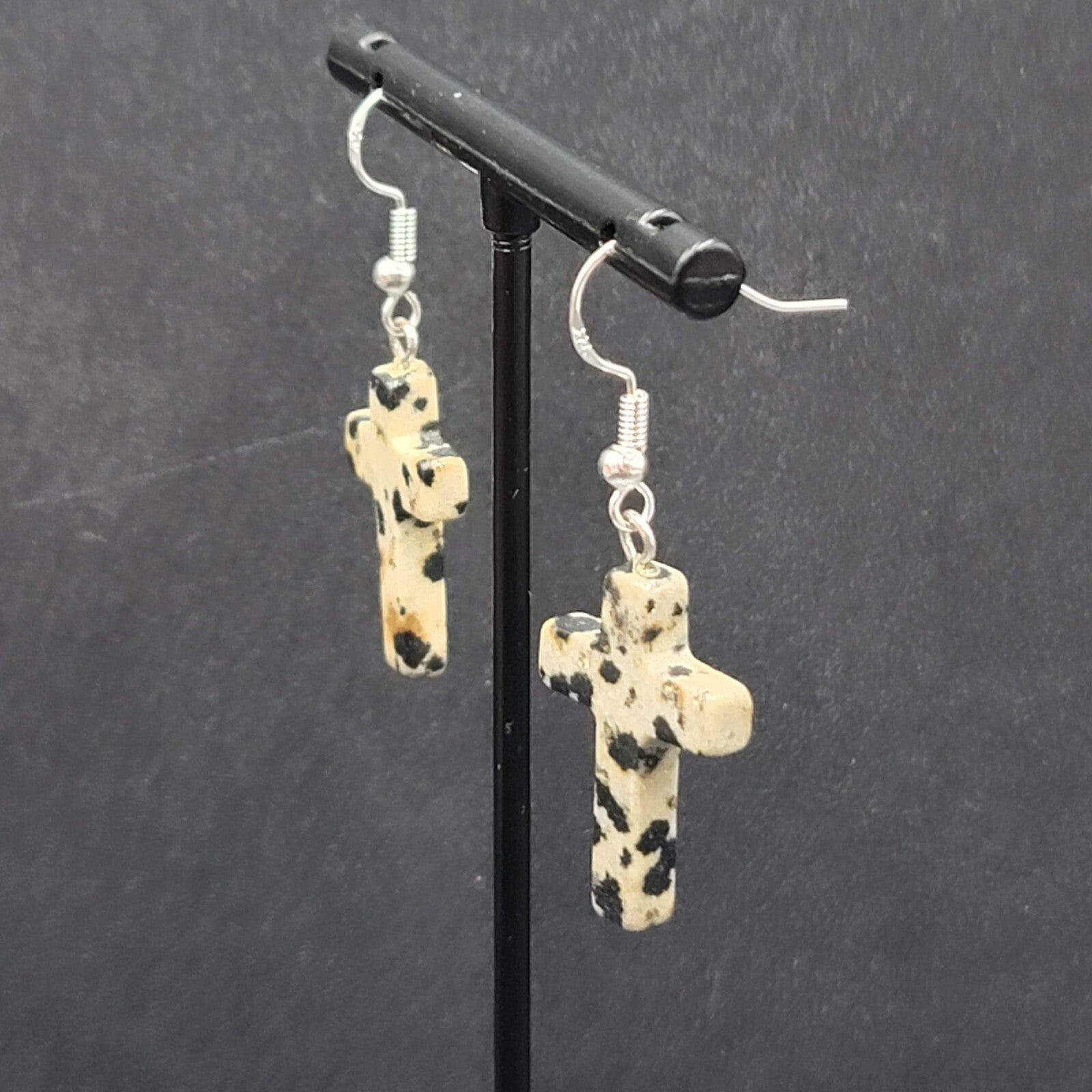 Sterling Silver Cross Pierced Earrings 925 Jasper Stone 1"
