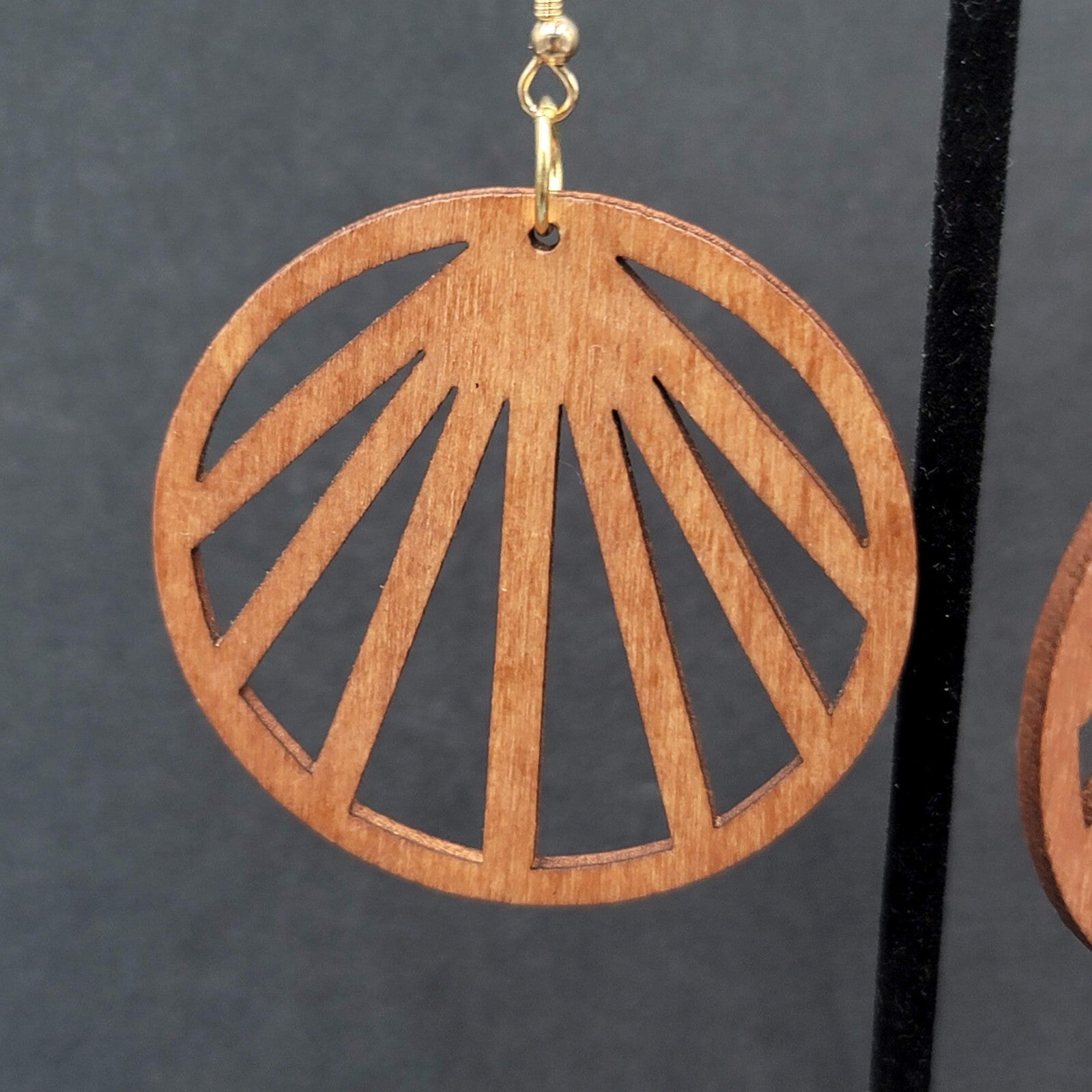 Pierced Earrings Laser Cut Boho Round Wood Dangle Gold tone 2"
