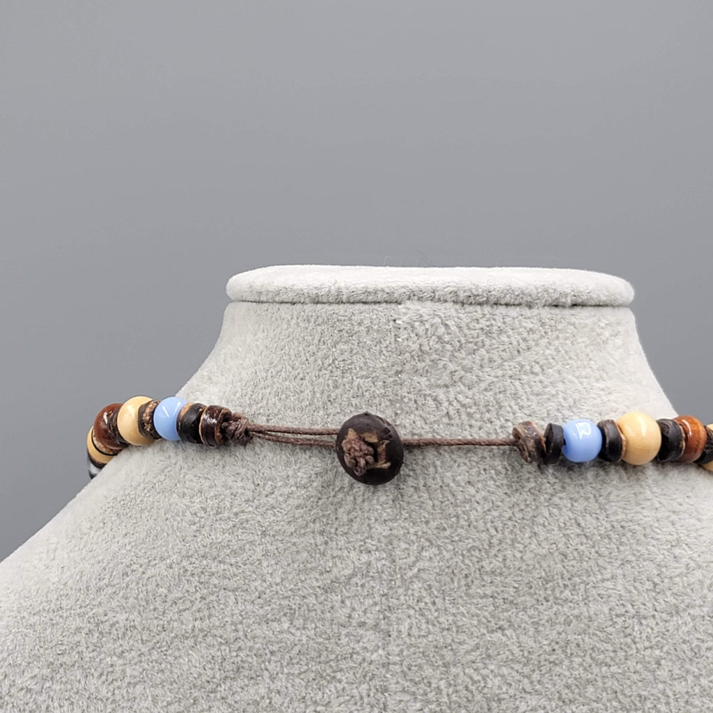 Artisan Beaded Necklace Wood Coconut Art Glass Blue Brown Beige Button Close 17"