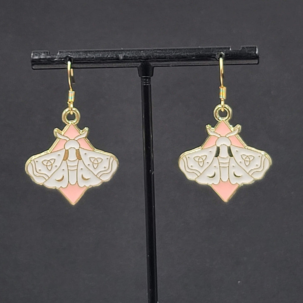 White Moth Pink Enamel Pierced Earrings Gold tone Dangle Butterfly 1"