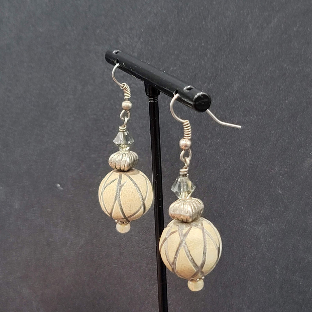 Vintage Pierced Earrings Silver tone Crystal and Wood Carved Bead Dangle 1.5"