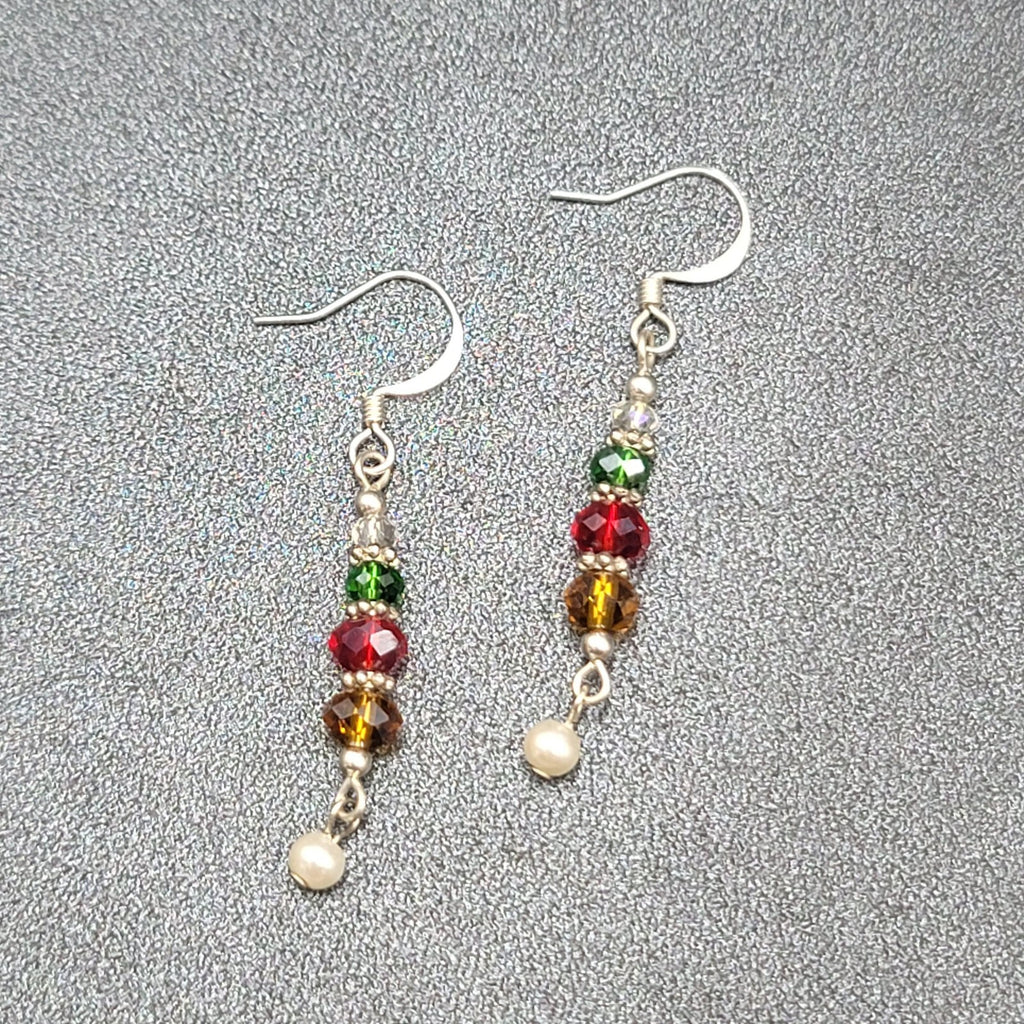 Pierced Earrings Green Red Yellow Crystal Bead Dangle Silver tone 1.25"