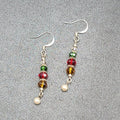 Pierced Earrings Green Red Yellow Crystal Bead Dangle Silver tone 1.25"