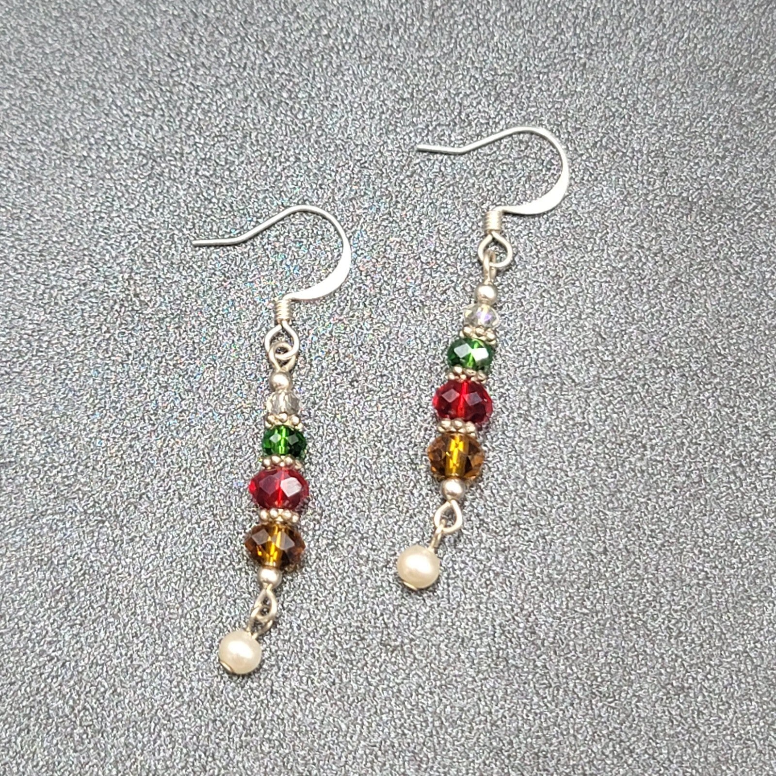Pierced Earrings Green Red Yellow Crystal Bead Dangle Silver tone 1.25"