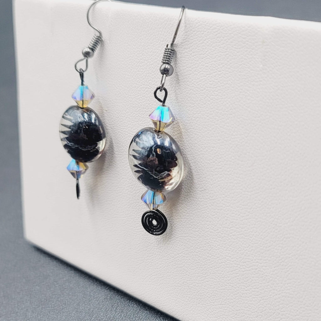 Pierced Earrings Black Art Glass Bead Crystal Black Wire Dangle 1.5"