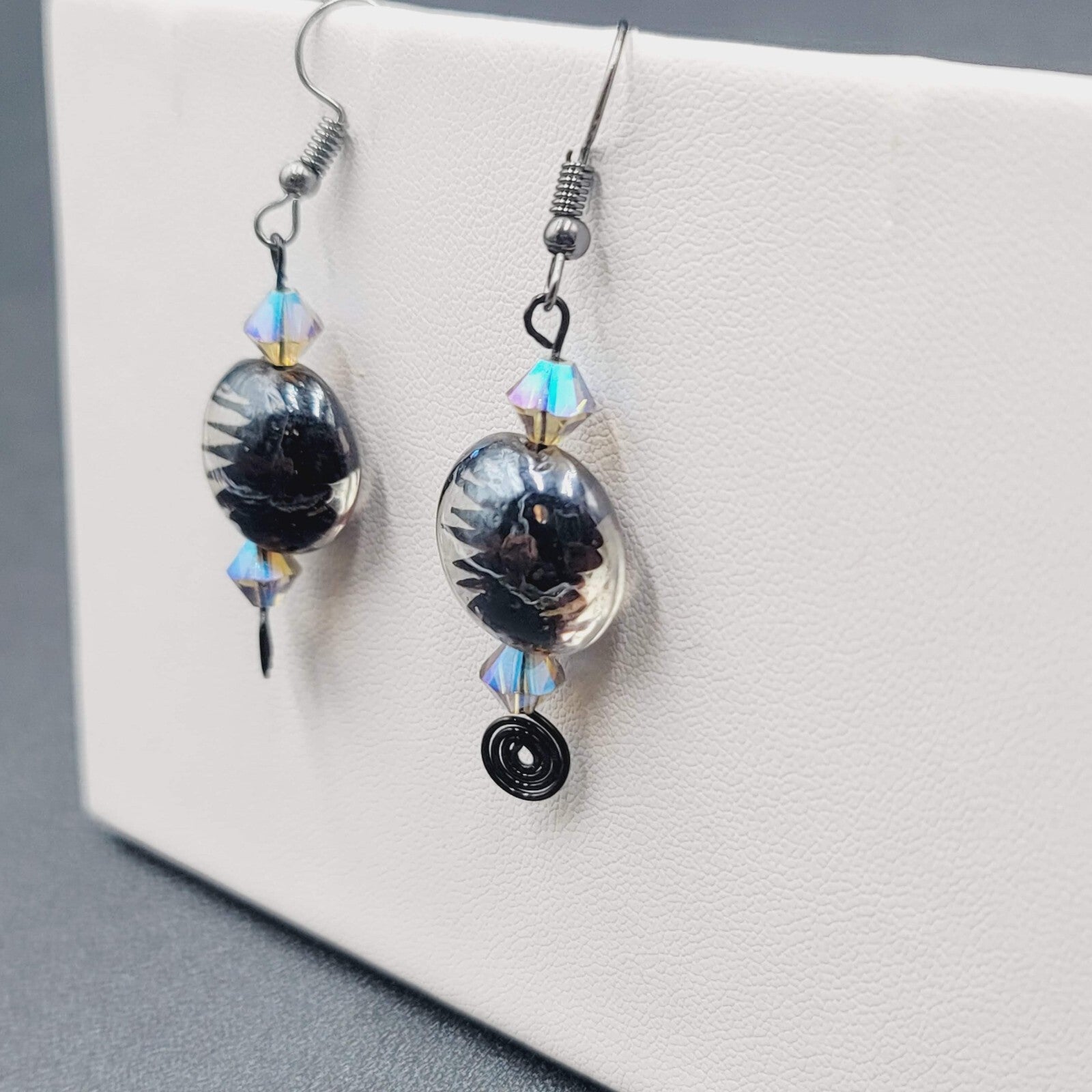 Pierced Earrings Black Art Glass Bead Crystal Black Wire Dangle 1.5"