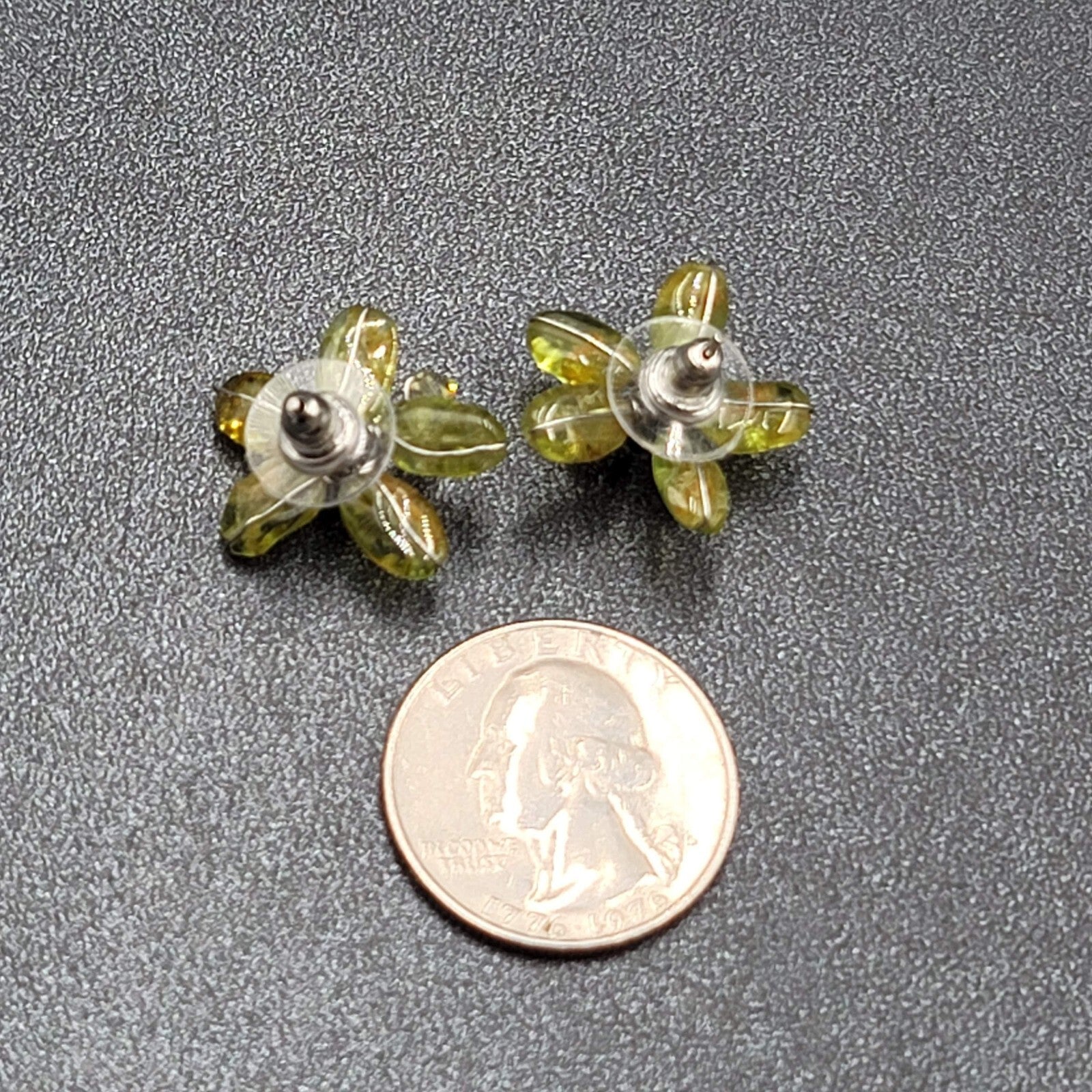 Pierced Earrings Green Stone Artisan Made Flower Studs 3/4"