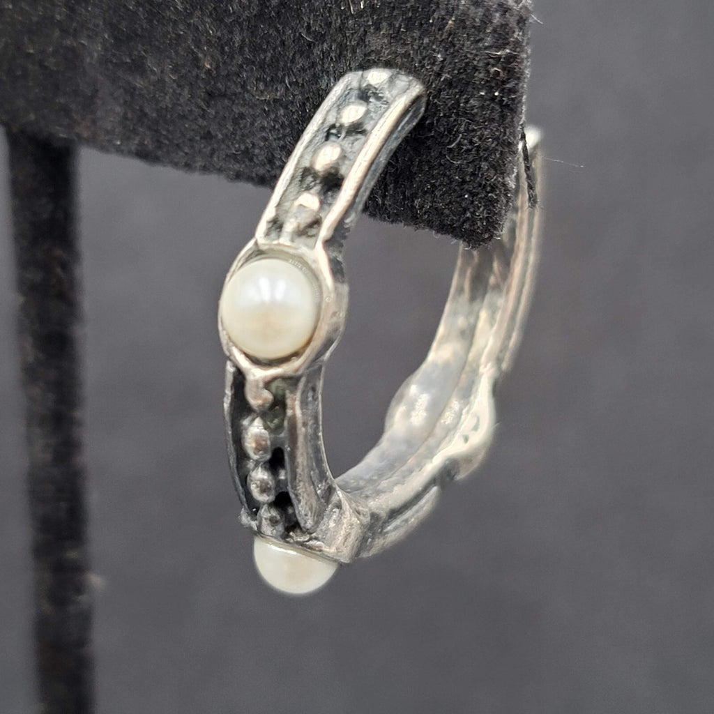 Pierced Earrings Silver tone Faux Pearl Hoops  1.25"