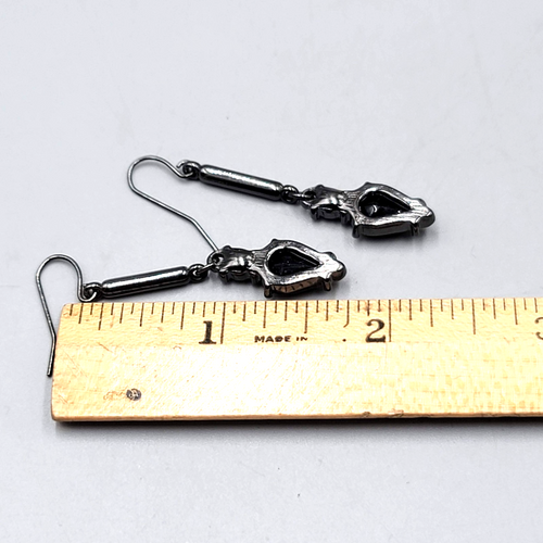 Black Metal Rhinestone Pierced Earrings Dangle 1.75 in