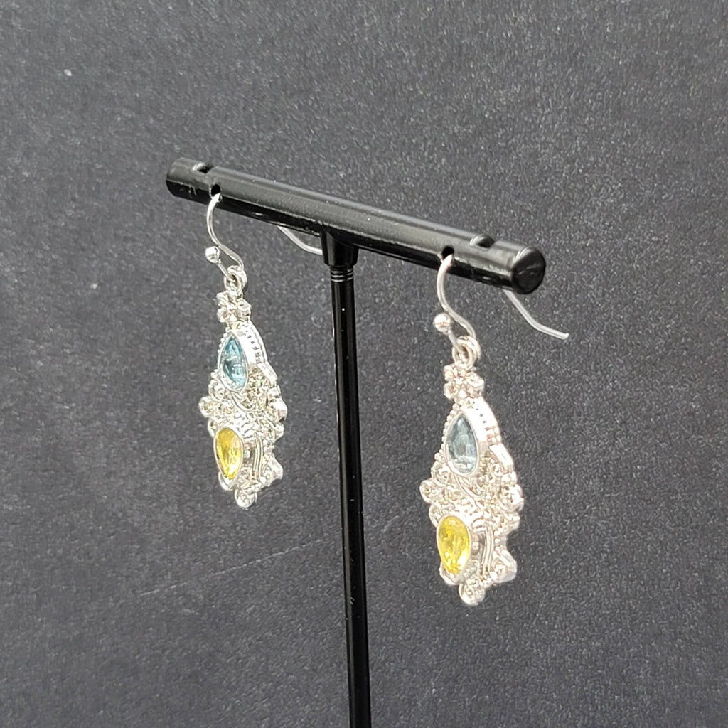 Pierced Earrings Silver tone Blue Yellow Teardrop Crystals  1 1/8"