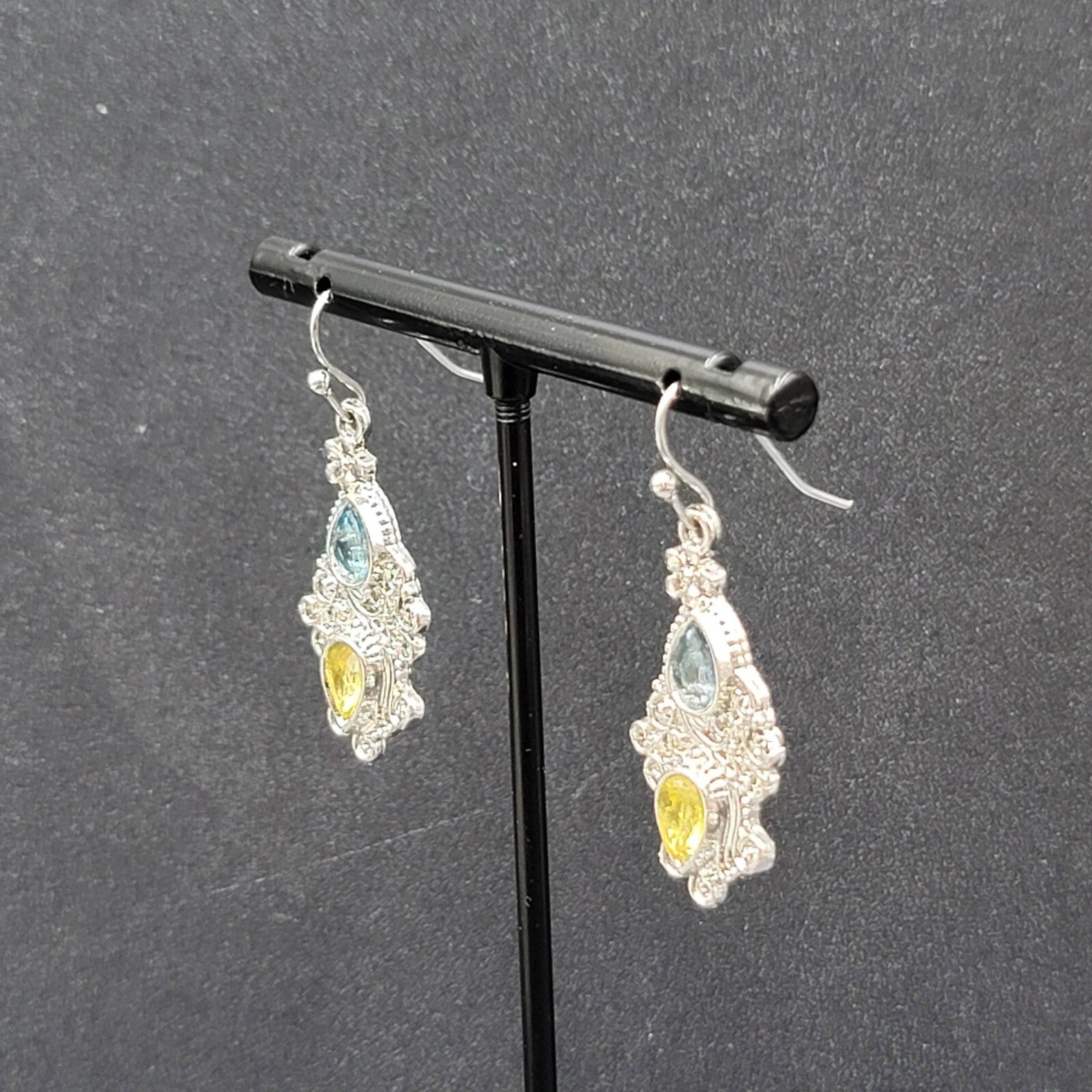Pierced Earrings Silver tone Blue Yellow Teardrop Crystals  1 1/8"