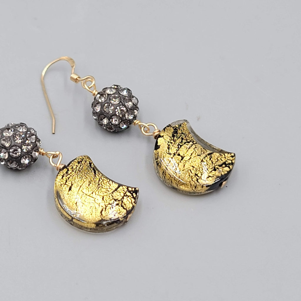 Dichroic Glass Moon Pierced Earrings Gold tone Rhinestone Dangle 1.5"
