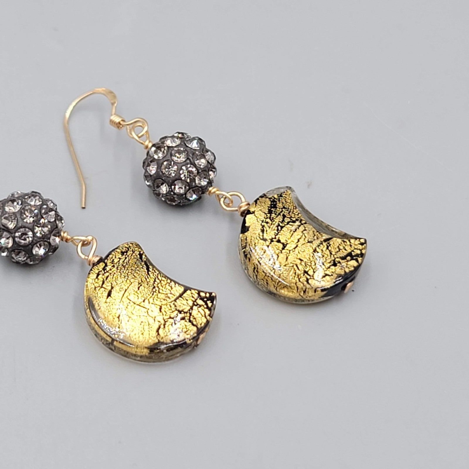 Dichroic Glass Moon Pierced Earrings Gold tone Rhinestone Dangle 1.5"