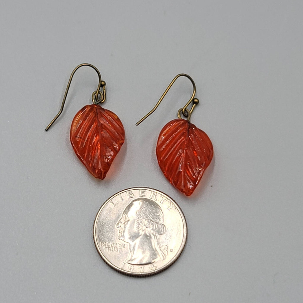 Orange Glass Leaf Pierced Earrings Bronze tone Dangle 1"