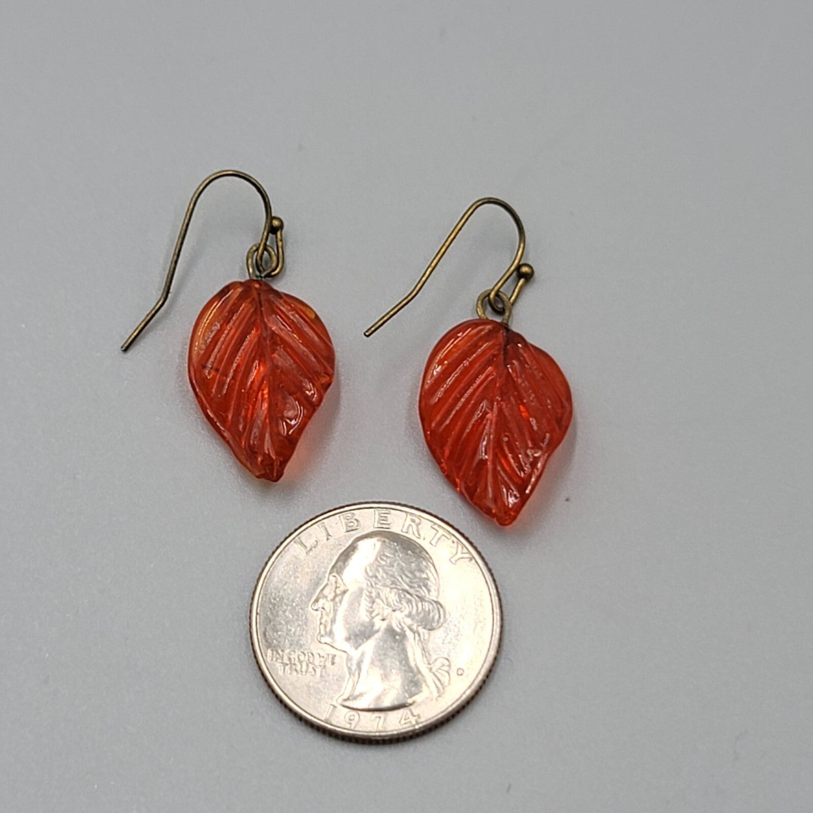 Orange Glass Leaf Pierced Earrings Bronze tone Dangle 1"