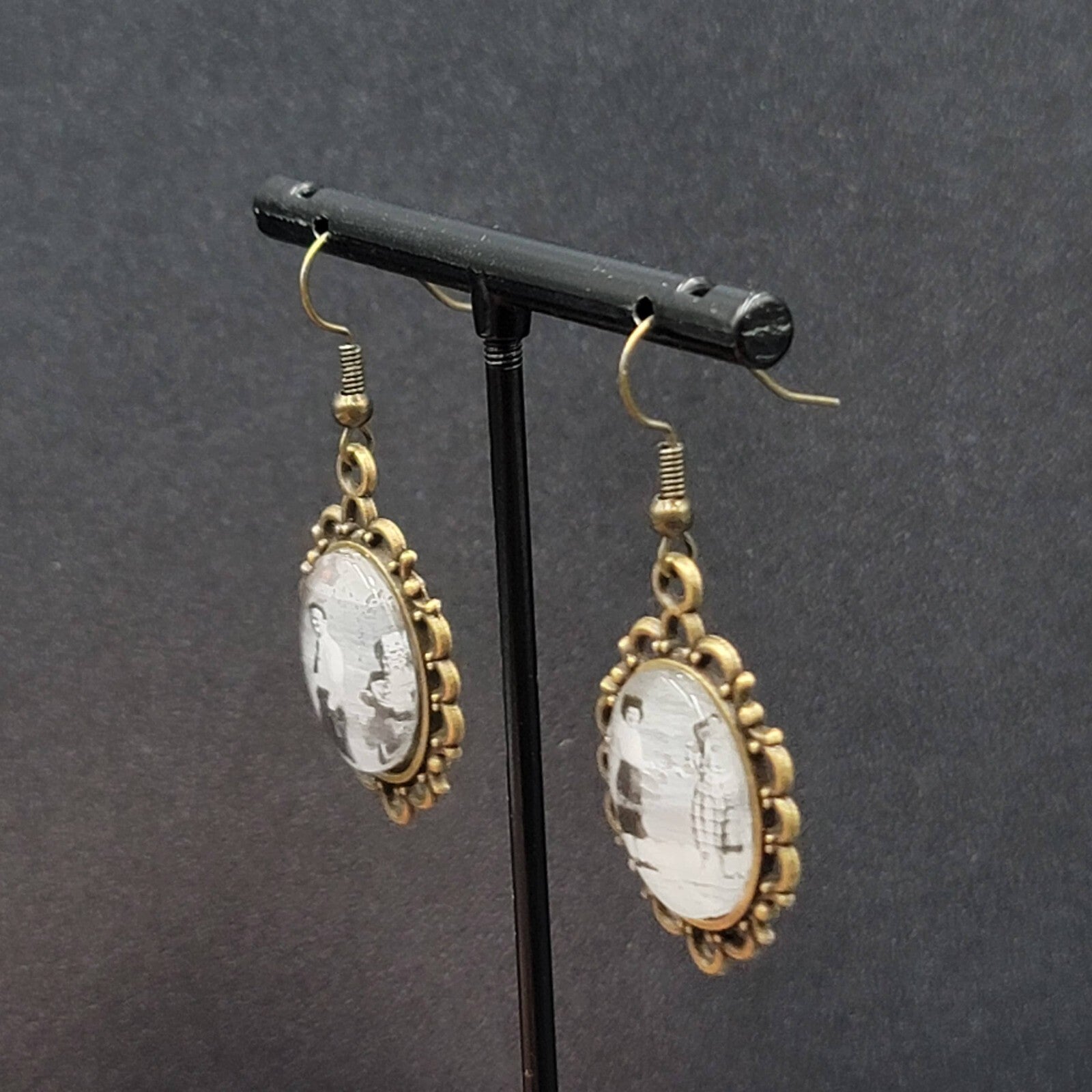 Pierced Earrings Bronze tone Real Photo Glass Cabochon Dangle 1.25"