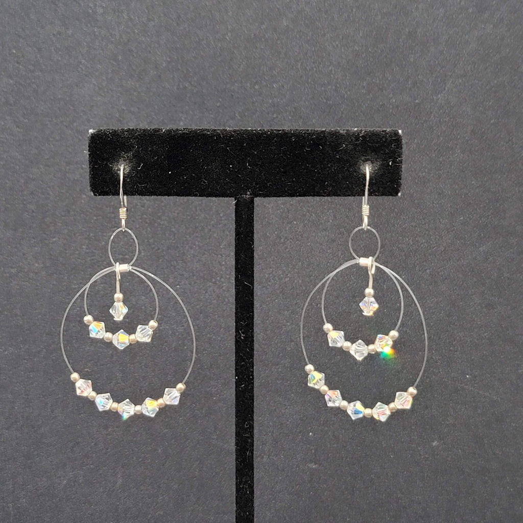 Pierced Earrings Floating Bicone AB Crystal Bead Dangle Hoops 1.75"