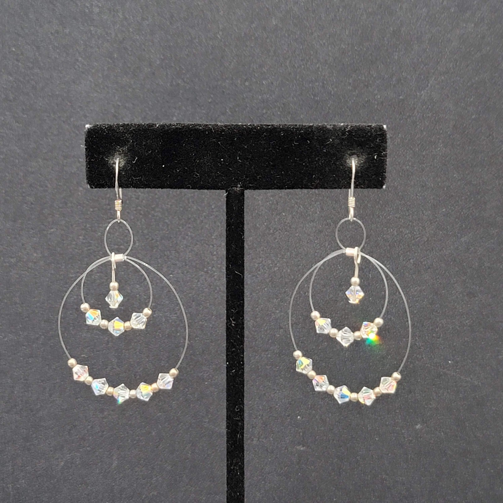 Pierced Earrings Floating Bicone AB Crystal Bead Dangle Hoops 1.75"