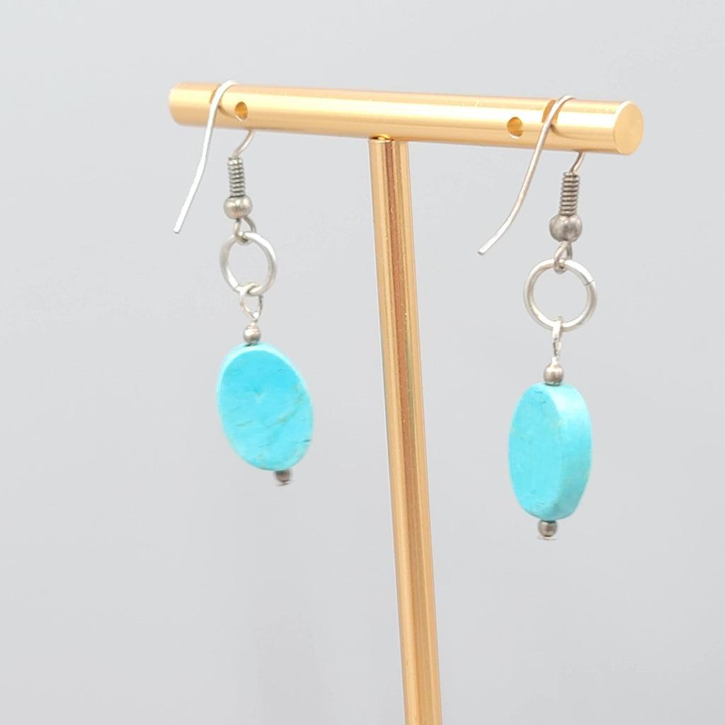 Oval Turquoise Bead Pierced Earrings Silver tone Dangle 1 1/8 in