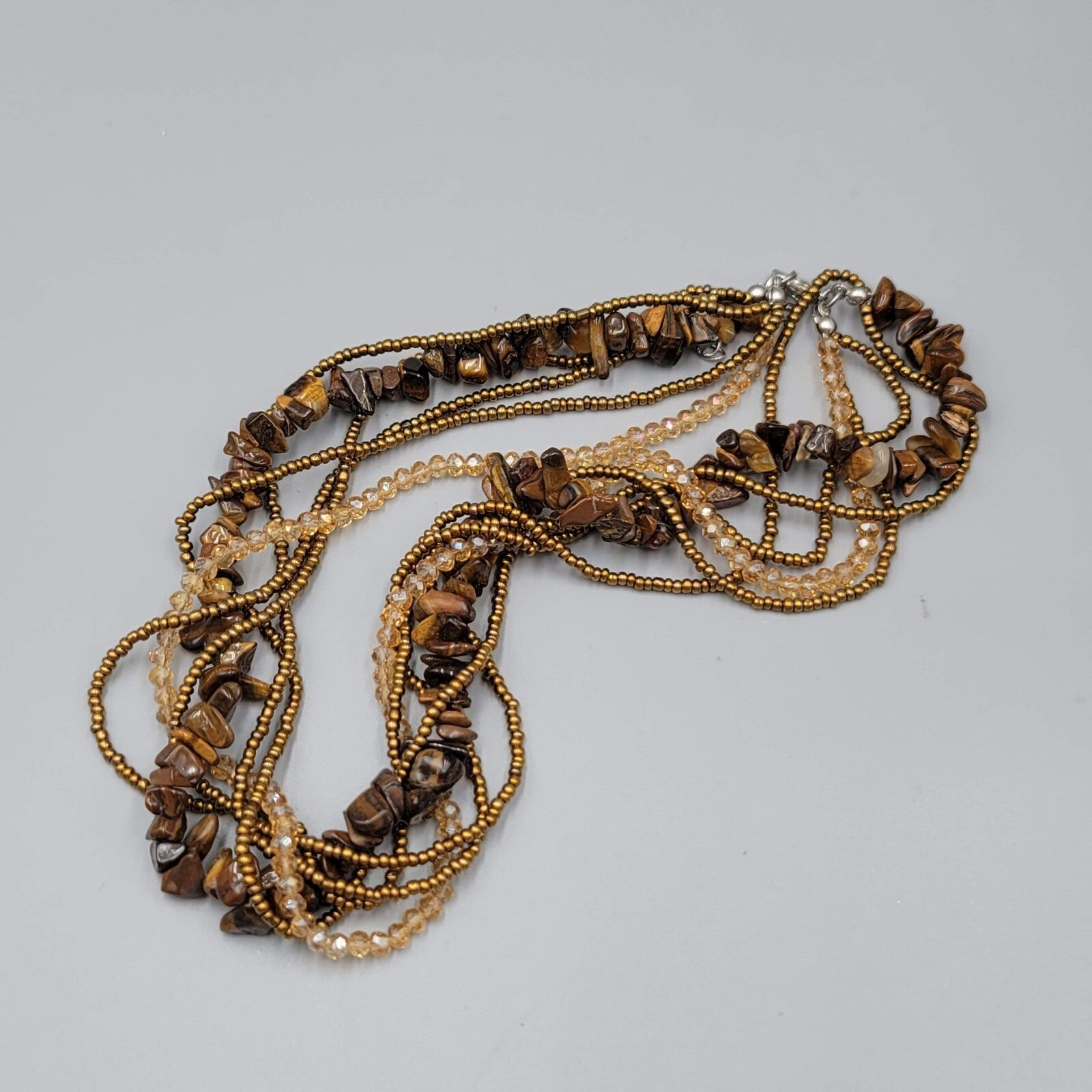 Multi Strand Bead Twist Necklace Tigers Eye Crystal 6 Strands 18"-20"