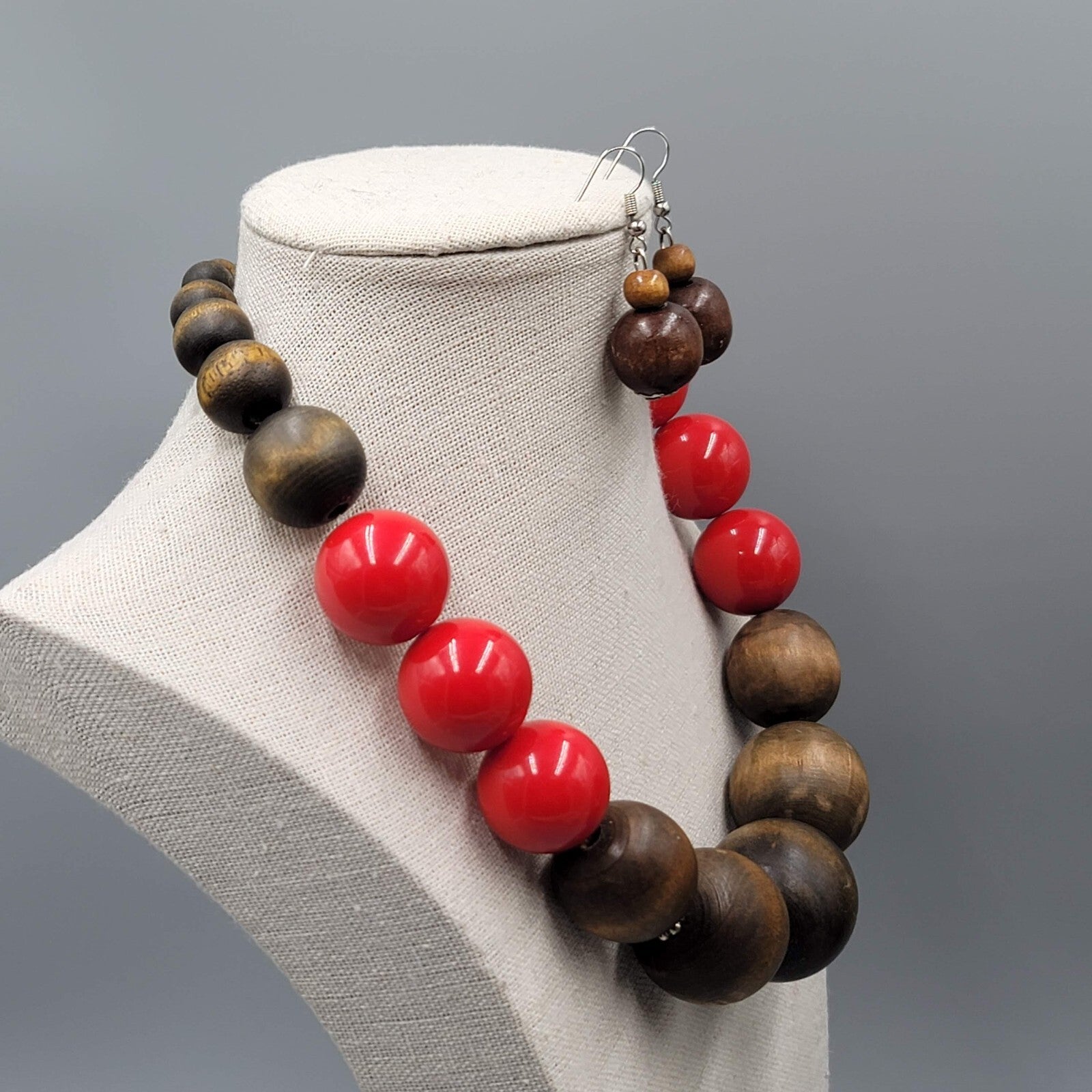 Wood Necklace Pierced Earrings Jewelry Set Large Bead Statement 18"-20"