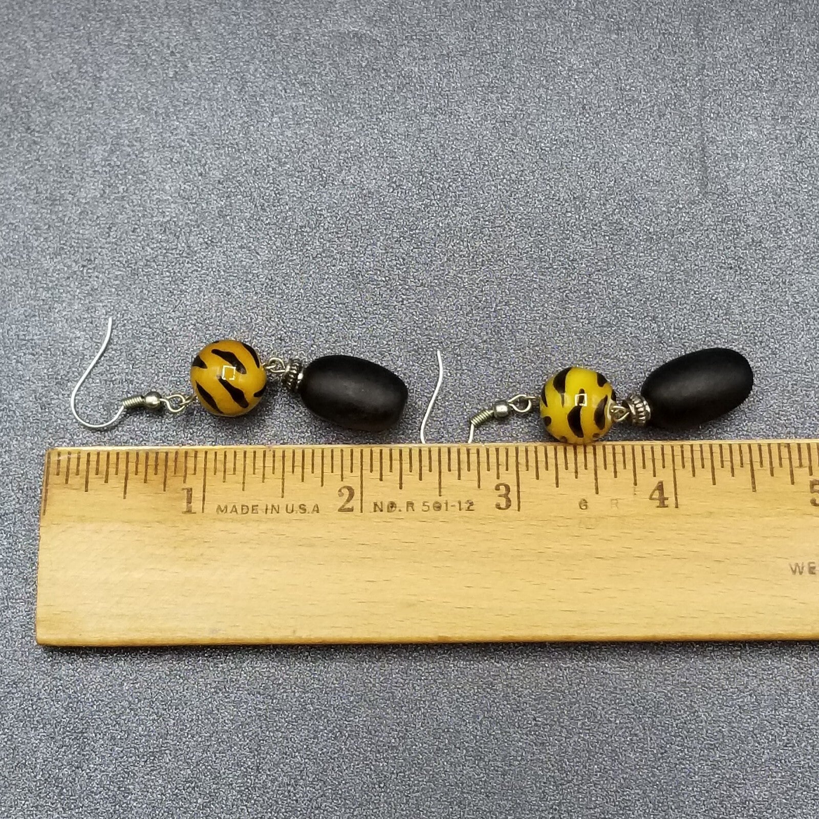 Pierced Earrings Glass Wood Bead Boho Dangle 1 1/2"
