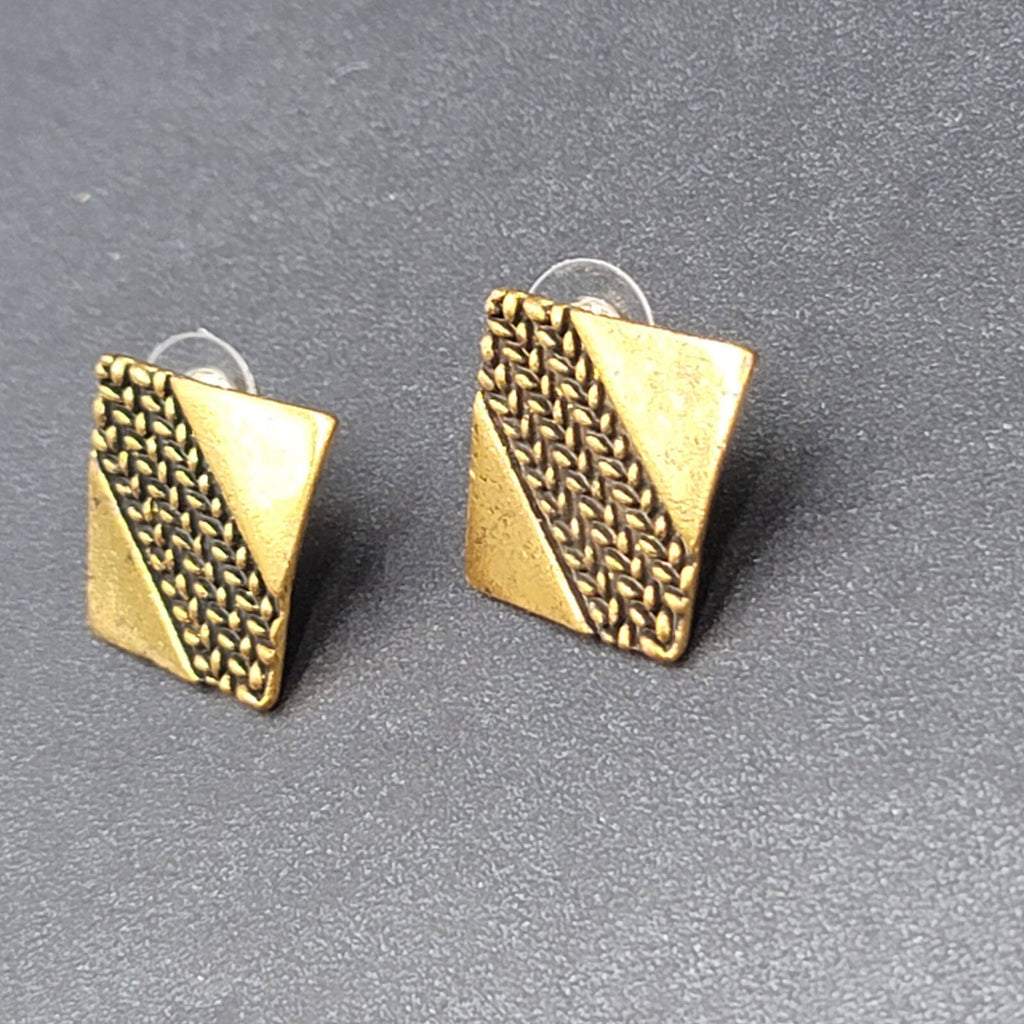 Pierced Earrings Antiqued Gold tone Brutalist Square Drop 1"