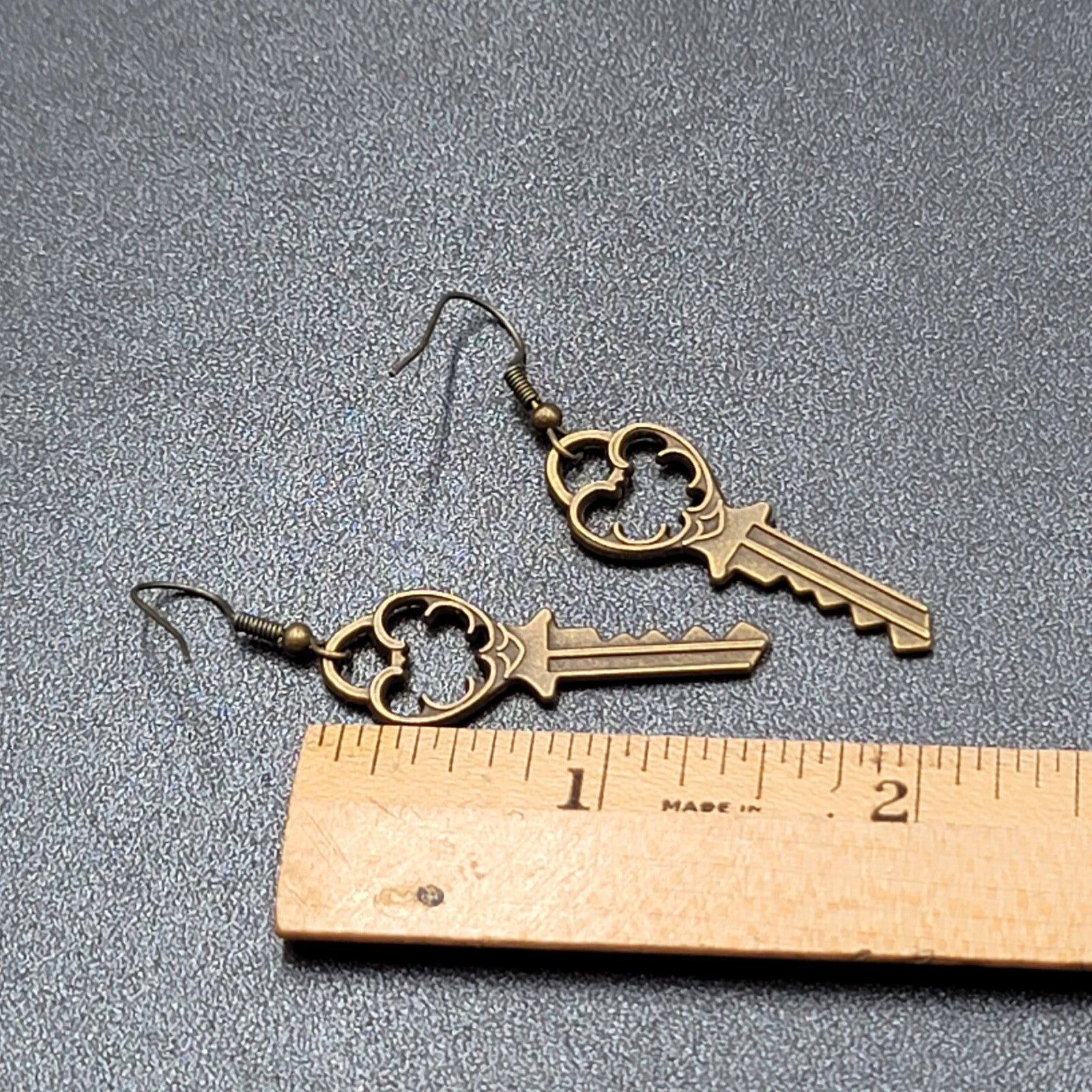 New Pierced Earrings Ornate Key Bronze tone Dangle 1.5"