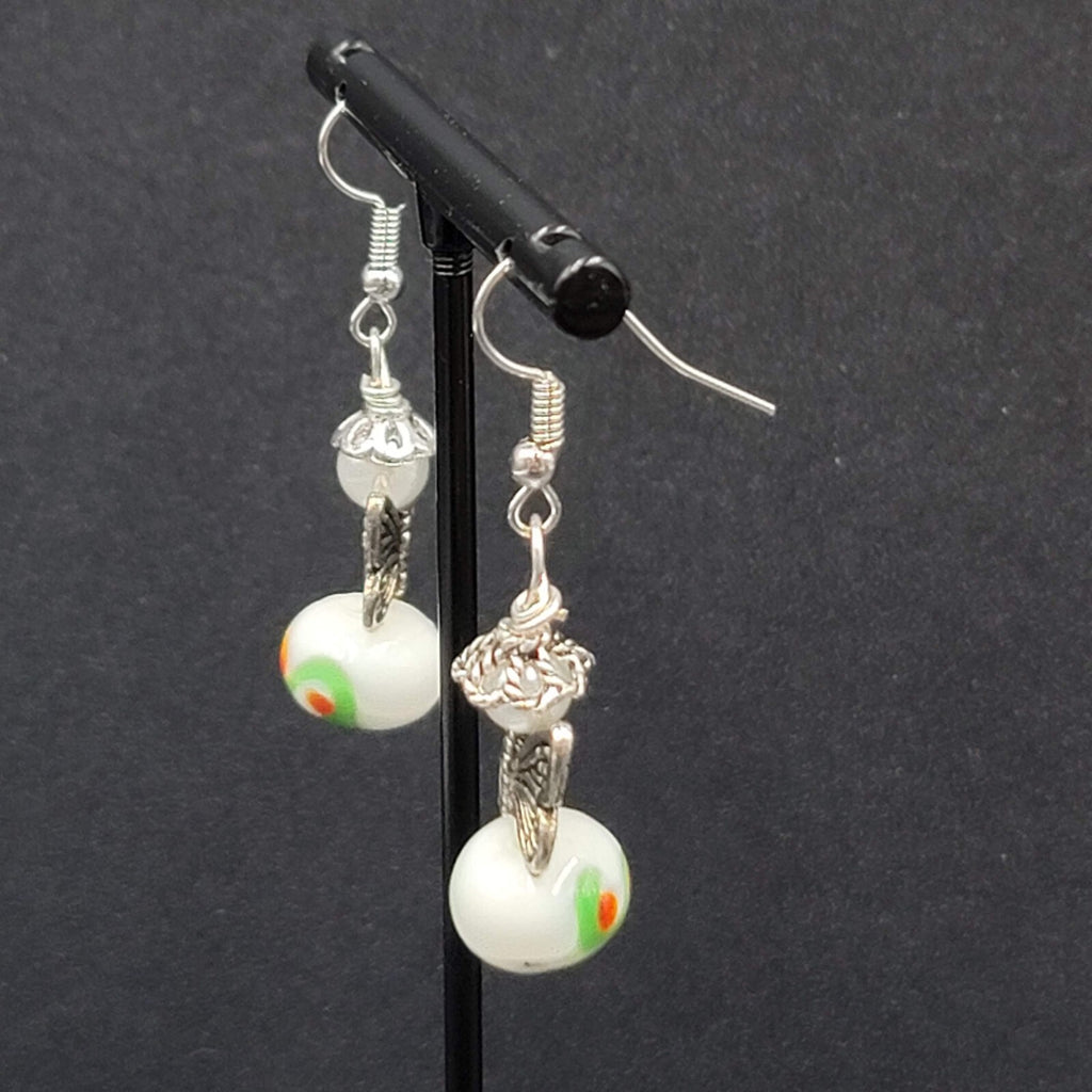 Pierced Earrings Silver tone Angel White Art Glass Bead Dangle 1"
