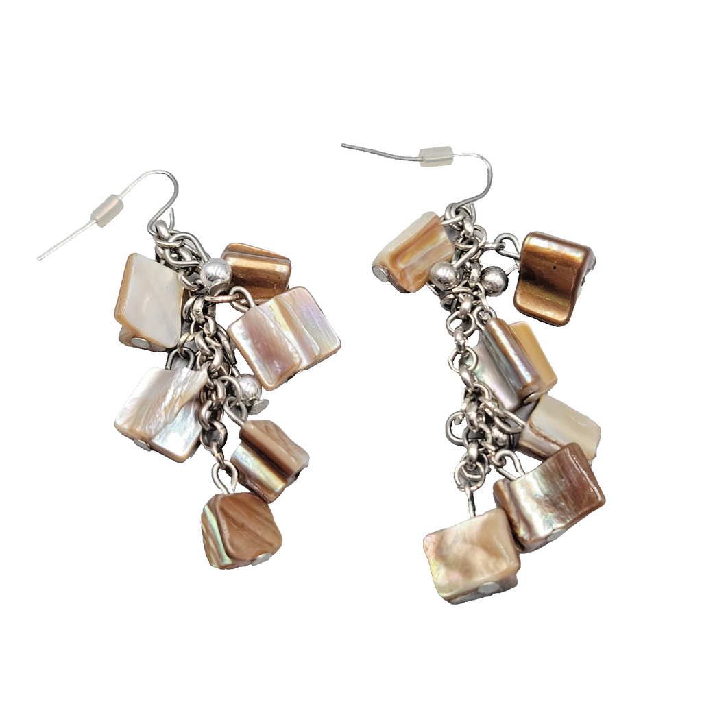 Beige Shell Cluster Pierced Earrings Silver tone Dangle 2 in