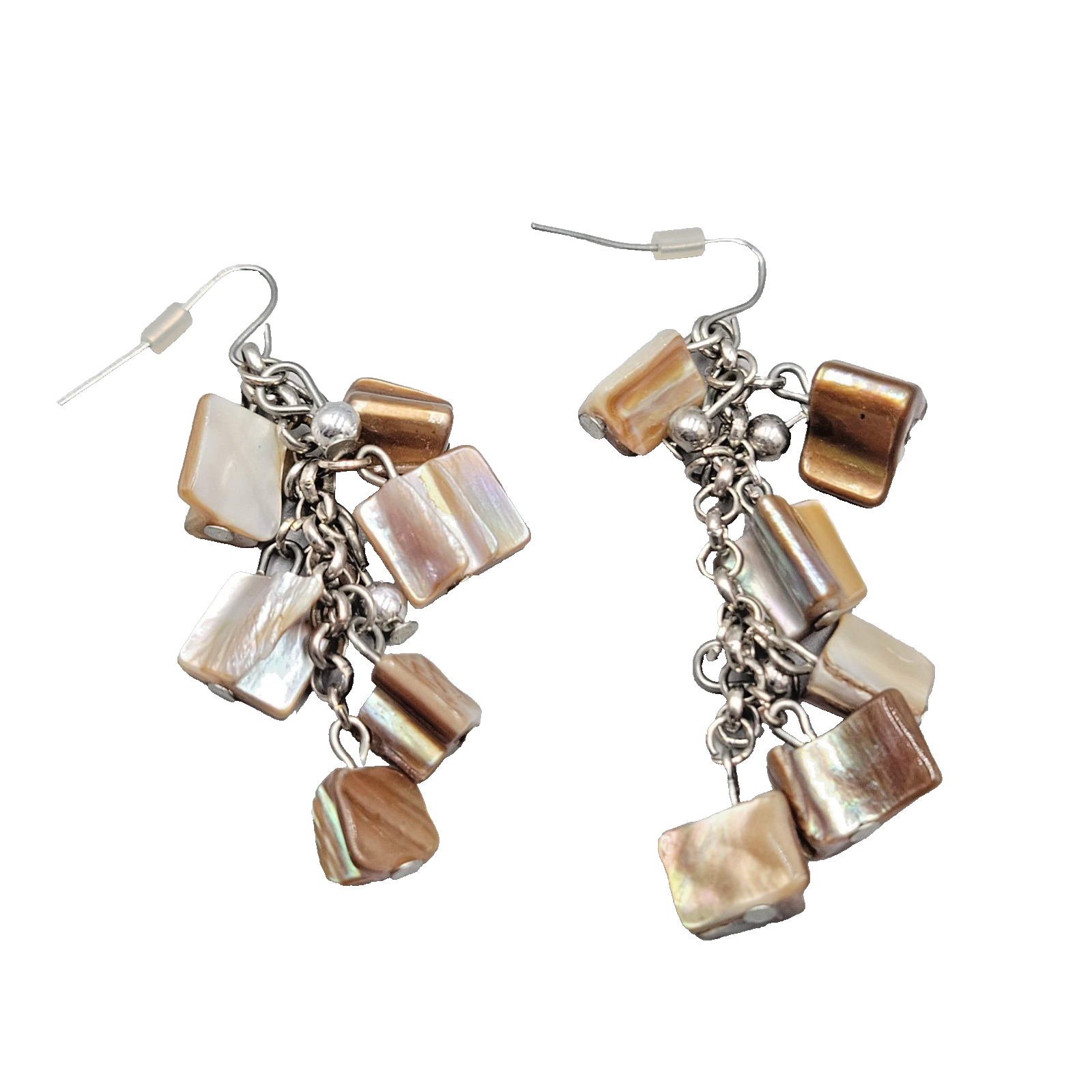 Beige Shell Cluster Pierced Earrings Silver tone Dangle 2 in
