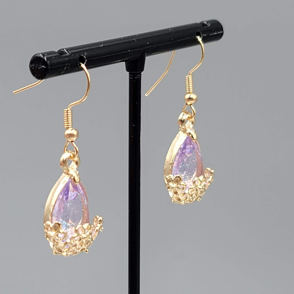 New Pierced Earrings Gold tone Glitter Purple Glass Teardrop Dangle 3/4"