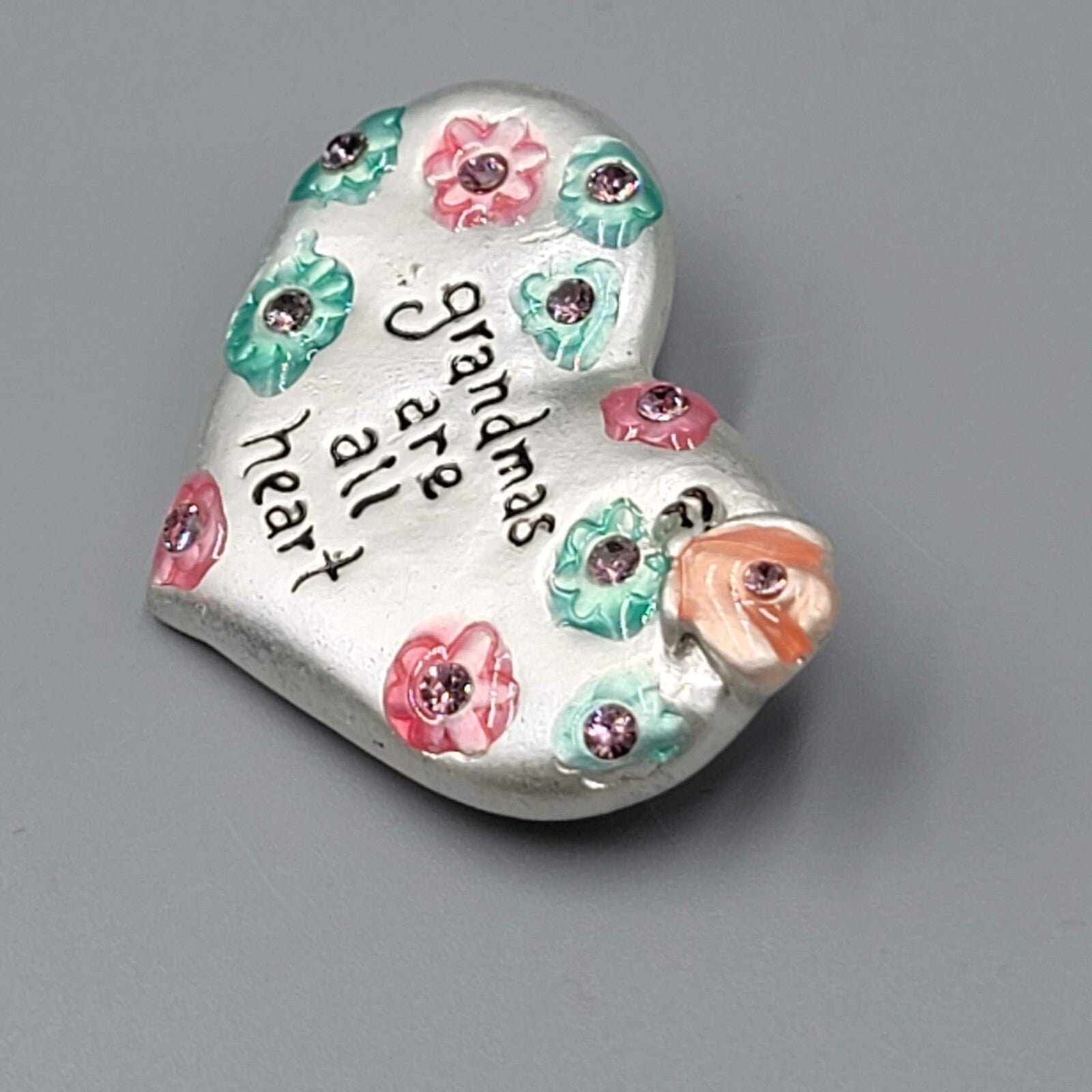 Grandmas are all Heart Brooch Silver tone Enamel Flowers Rhinestones 1.5"w