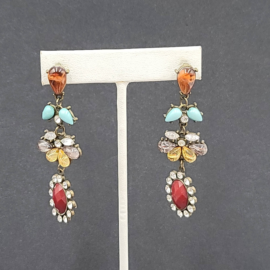 Pierced Earrings Bronze tone Multi Color Accents Rhinestone 2.75"
