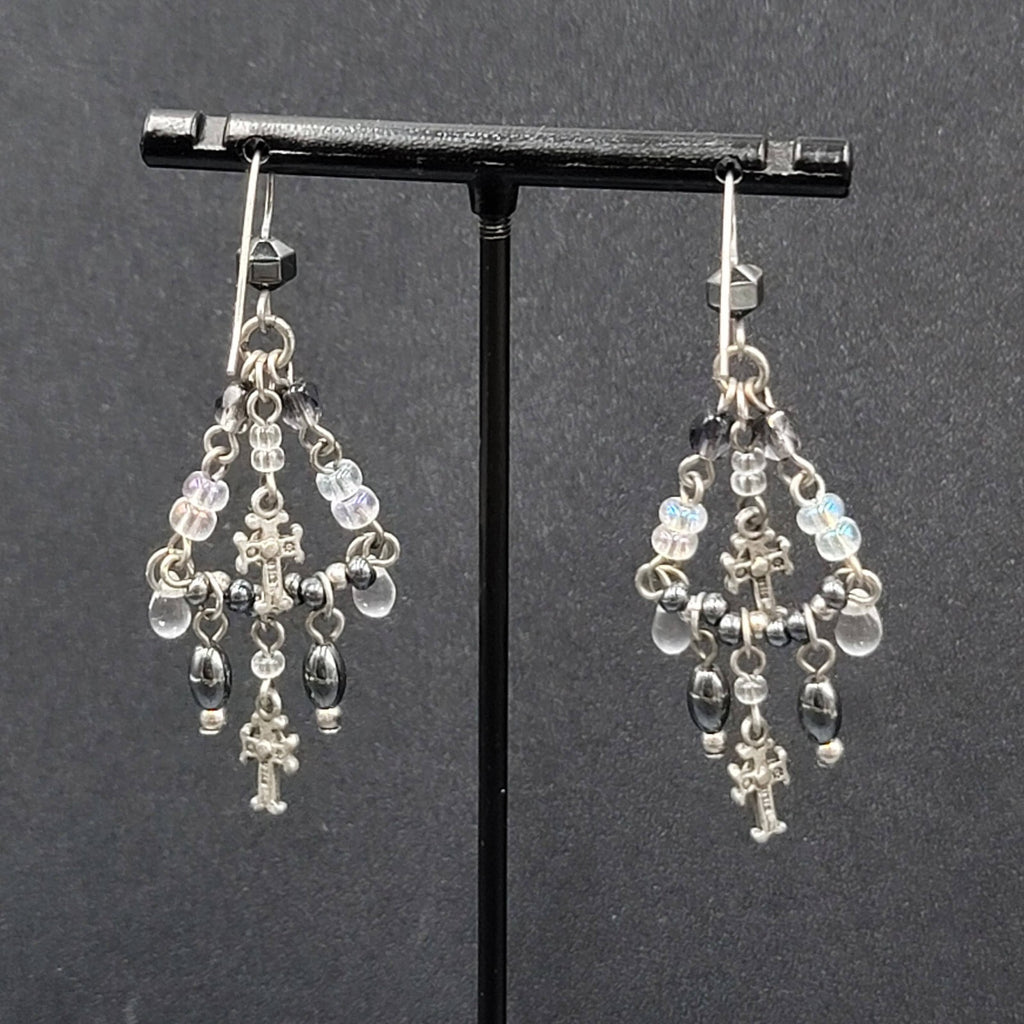 Pierced Earrings Silver tone Black Hematite AB Cross Chandelier Beads 1.75"
