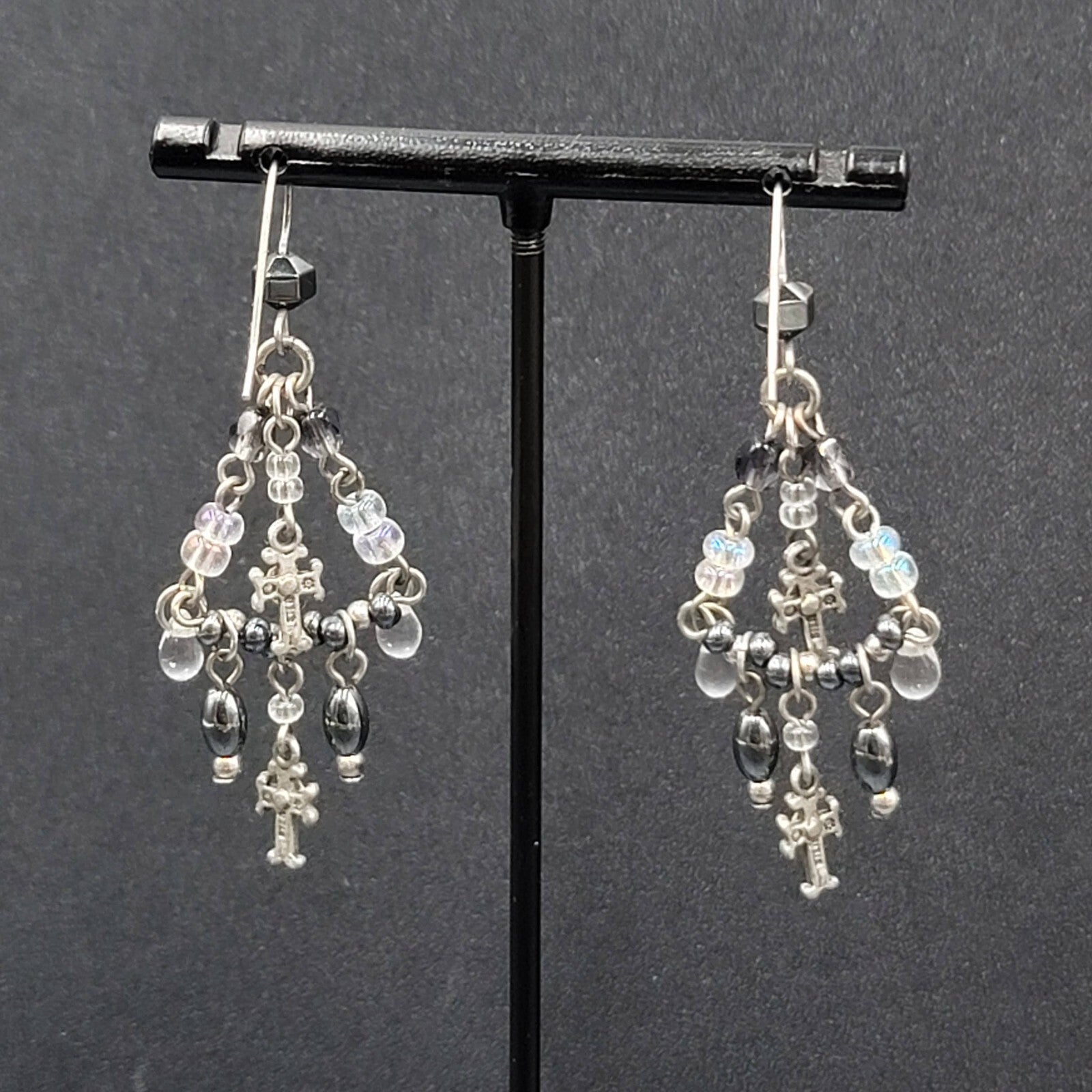 Pierced Earrings Silver tone Black Hematite AB Cross Chandelier Beads 1.75"
