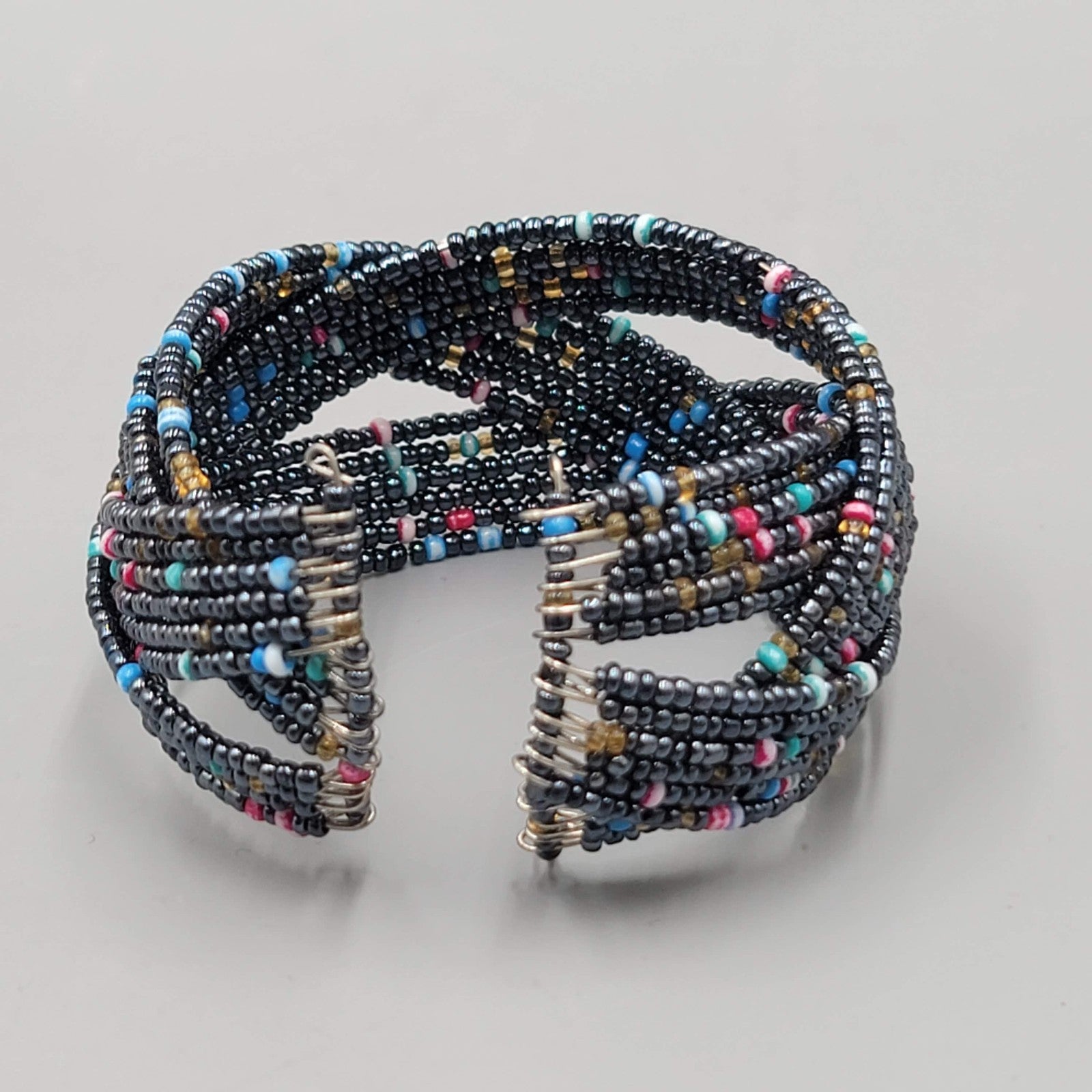 Black Weaved Seed Bead Cuff Bracelet Multicolor Accents Silver tone 7 in