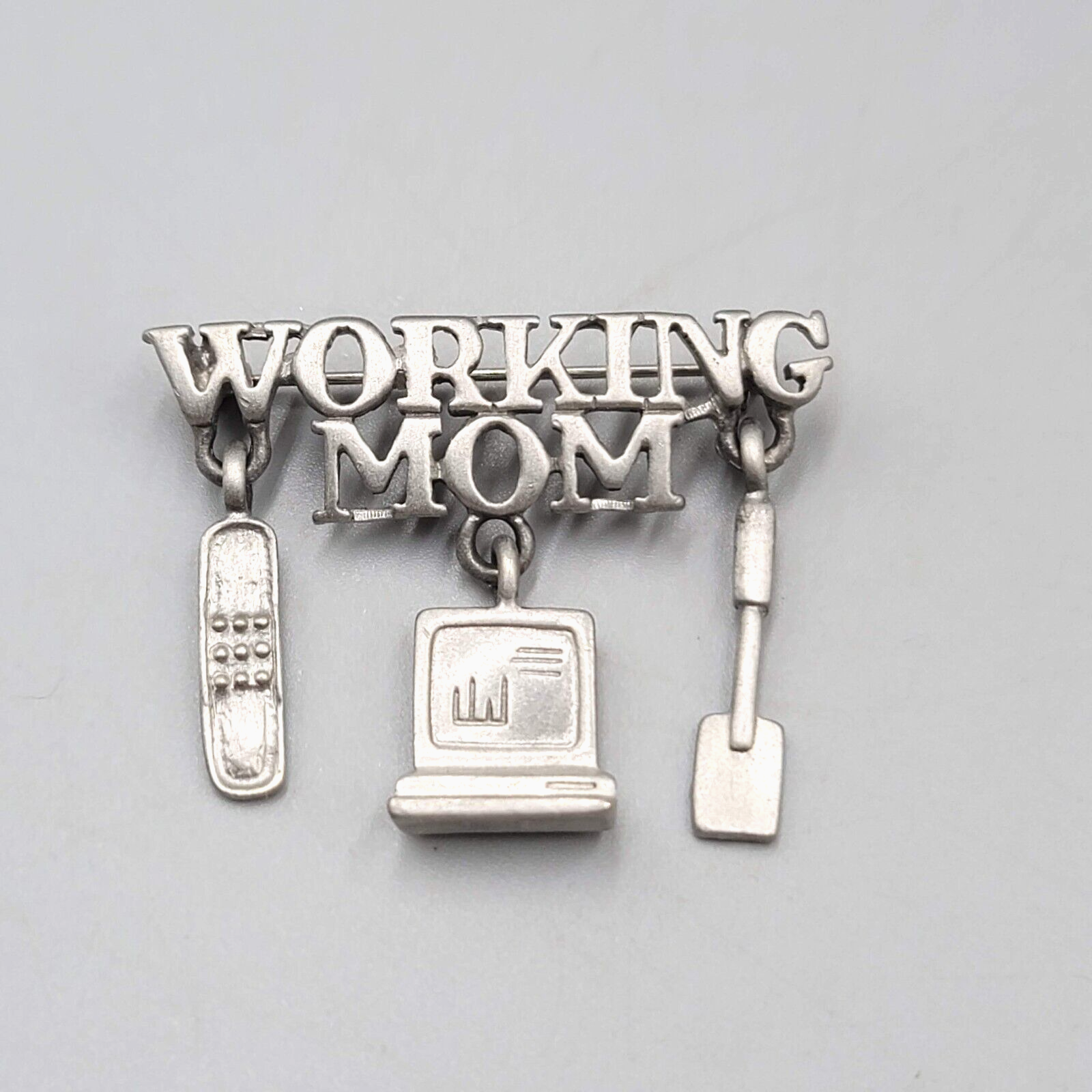 Vintage Signed REN Pewter Finish Working Mom Pin Brooch 1.5"