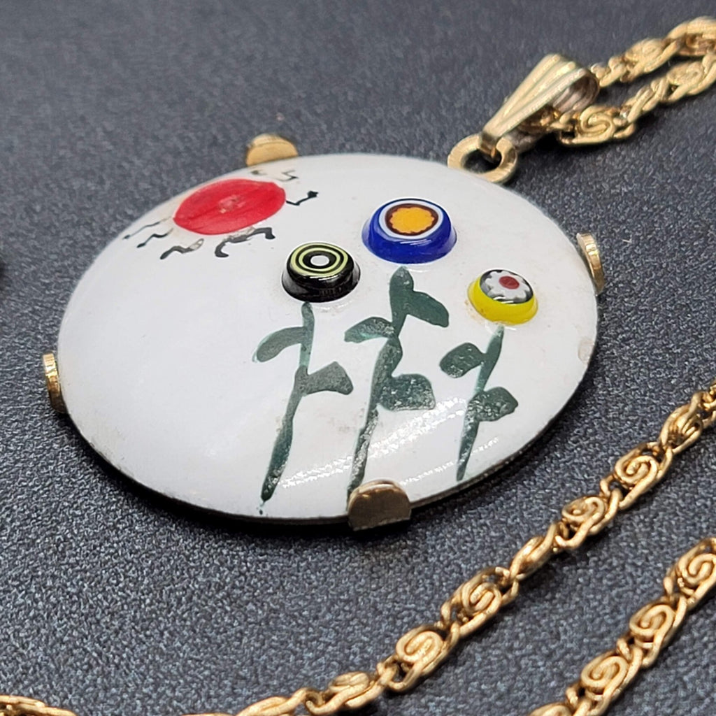 Vintage Enamel over Metal Flower Pendant Gold tone S Chain Necklace 15"