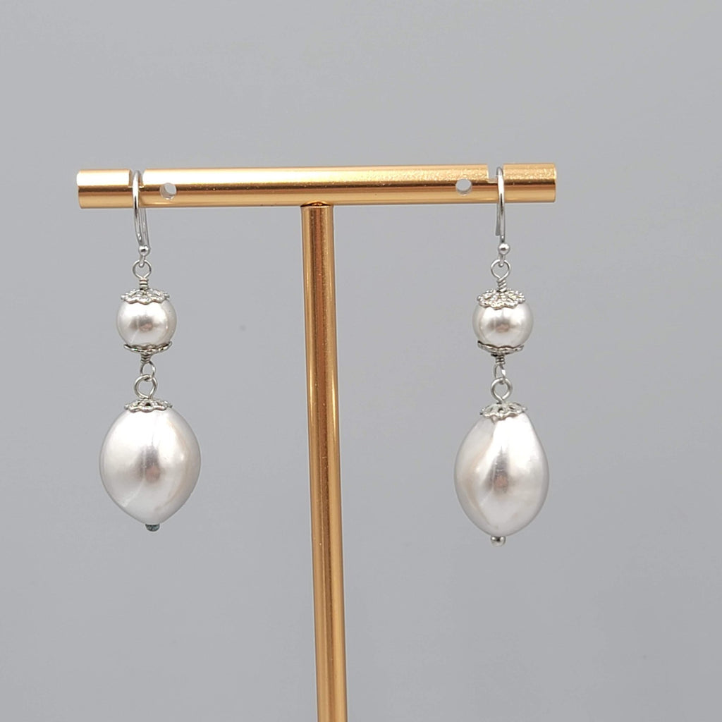Satin Silver tone Filigree Cap Bead Pierced Earrings Dangle 1.5 in